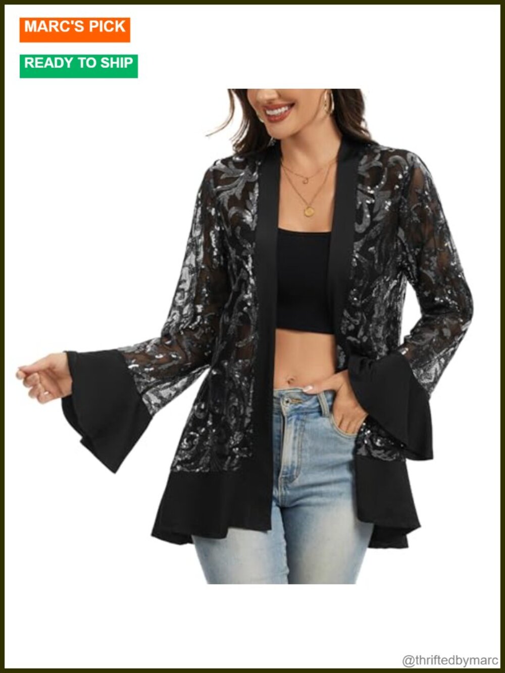 Anna-Kaci Women's Sequin Lace Mesh Open Front Cardigan Party Evening